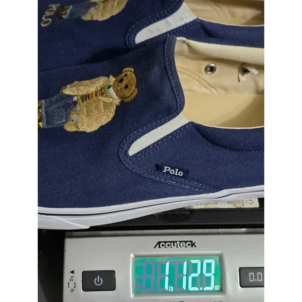 Polo Ralph Lauren Thompson Navy Herringbone Canvas Polo Bear Slip On Shoes 14D